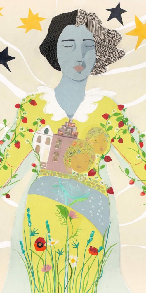 Canvas collage of a woman with short dark hair, eyes closed, wearing a dress with flowers and a city printed on it. It's called Henny and the Strawberries