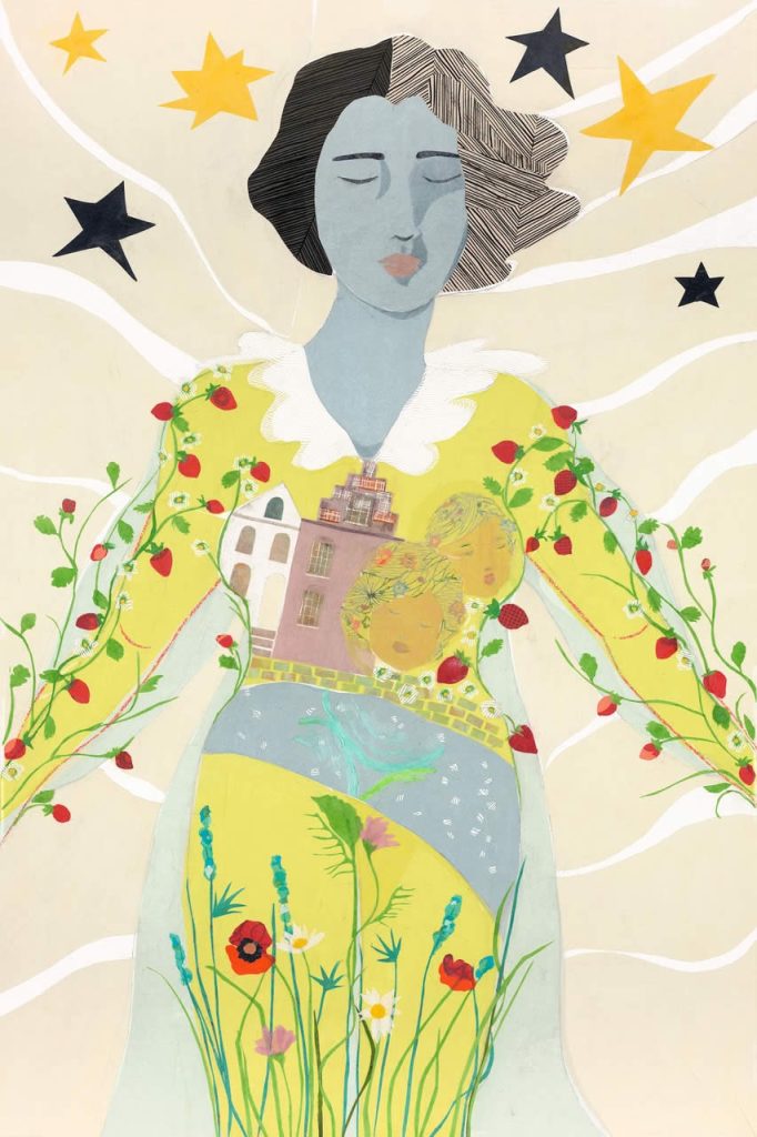 Canvas collage of a woman with short dark hair, eyes closed, wearing a dress with flowers and a city printed on it. It's called Henny and the Strawberries