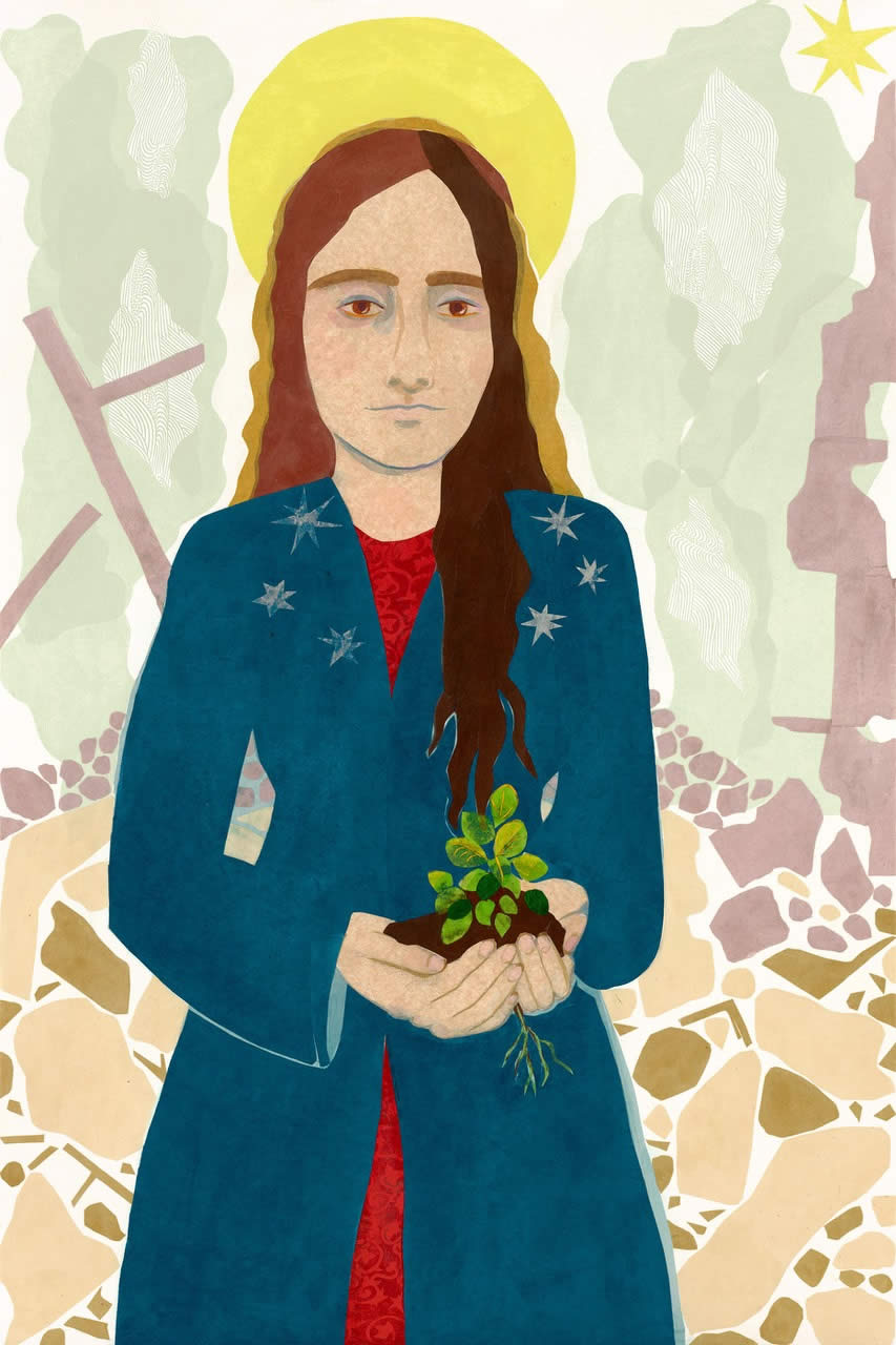 Canvas collage of a woman with dark red long hair standing in a full length blue coat with stars around the lapel. She has a sun behind her. It's called Maggie Holding Hope