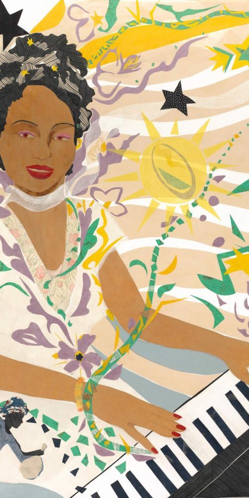 A collage canvas of a black woman sitting at a piano wearing a pale beige dress with lilac colored flowers along the labels. She has decorations in her up done hair. The piece is called Mary Lou