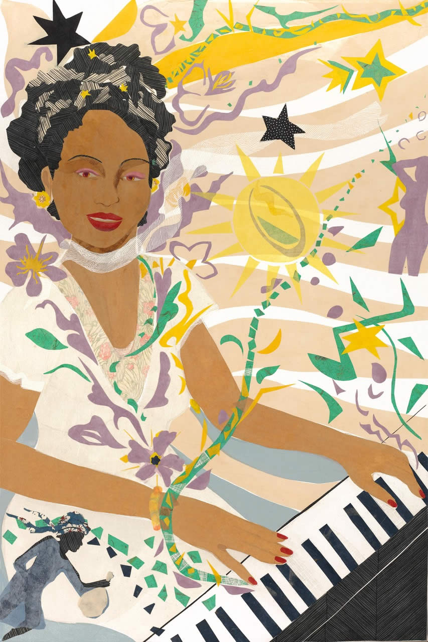 A collage canvas of a black woman sitting at a piano wearing a pale beige dress with lilac colored flowers along the labels. She has decorations in her up done hair. The piece is called Mary Lou