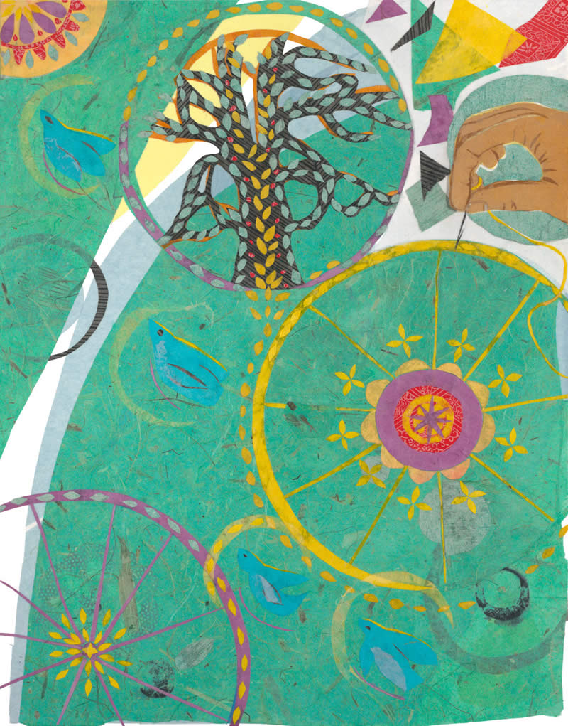 close up of a quilt in greens and yellows with images of trees and a hand mending a spot.