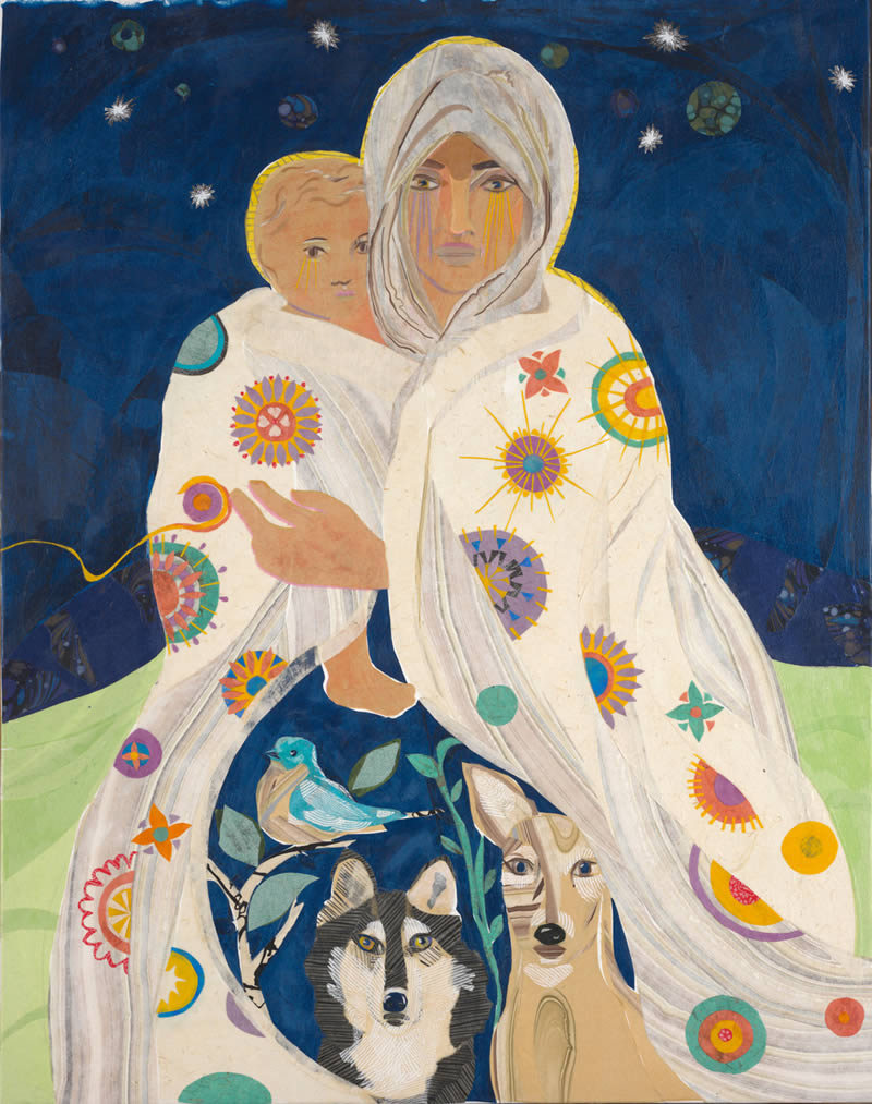 a woman sits, wrapped in a handmade quilt with her child under the stars