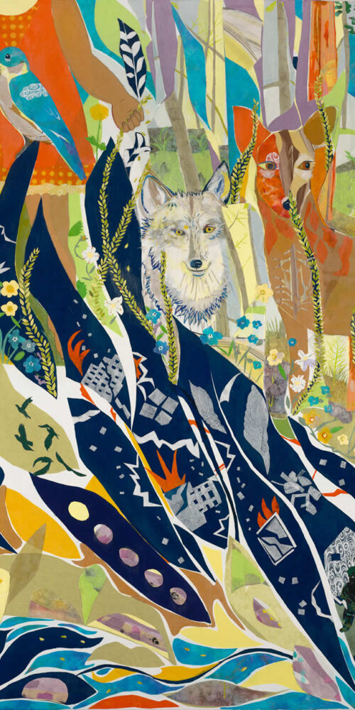 Collage Canvas entitled " If you get lost" featuring a bird, a wolf, and a burning house.