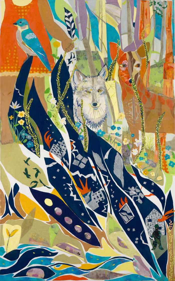 Collage Canvas entitled " If you get lost" featuring a bird, a wolf, and a burning house.