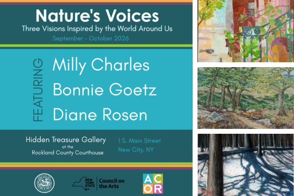 Text with three artist's pieces images to the right: Nature’s Voices: Three Visions Inspired by the World Around Us